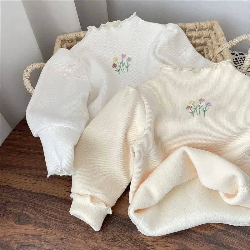 Maglia Felpata Bambina con Ricamo Floreale e Maniche a Sbuffo | 1-6 Anni