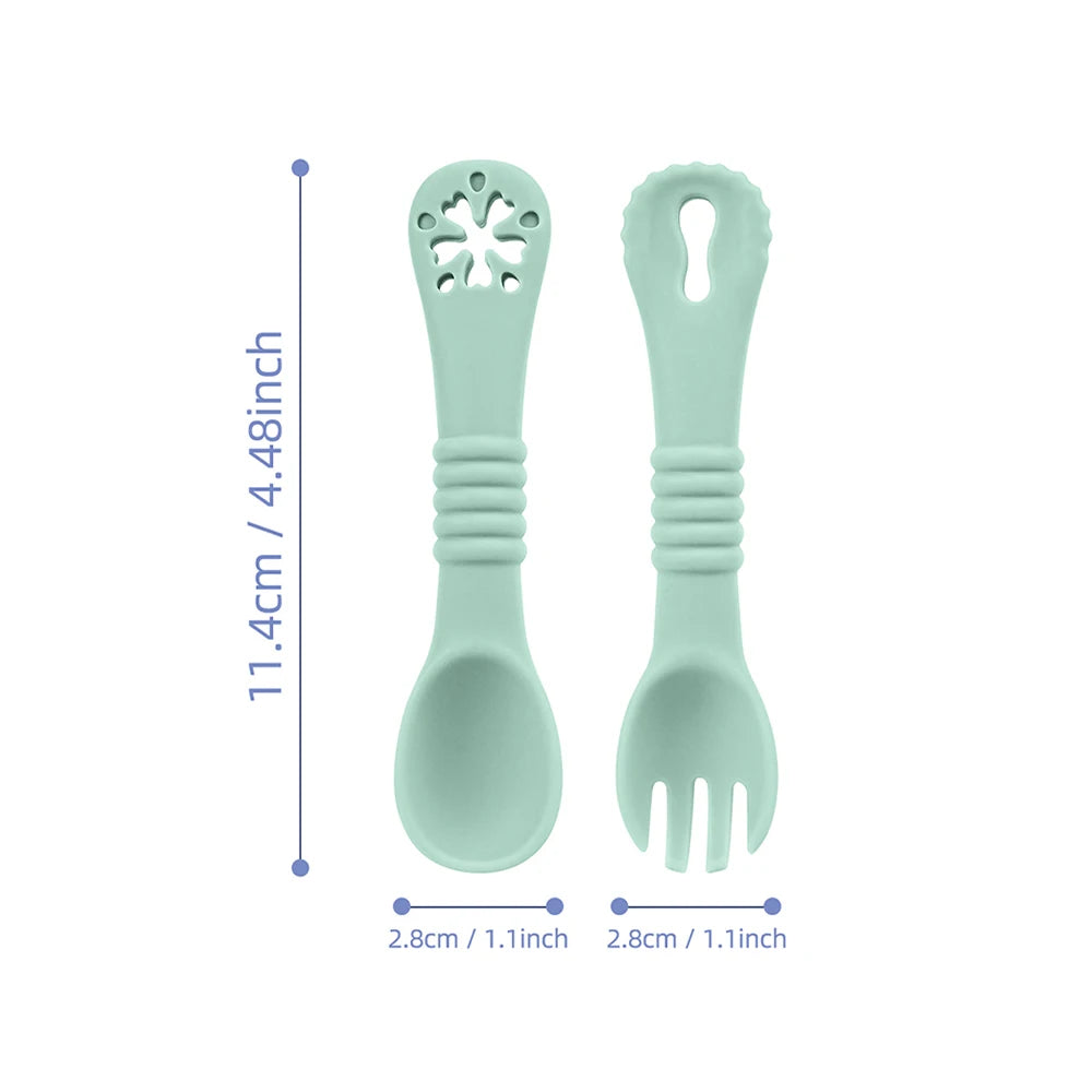 Set Posate Svezzamento in Silicone con Massaggiagengive – Cucchiaino e Forchettina Ergonomici per Bambini