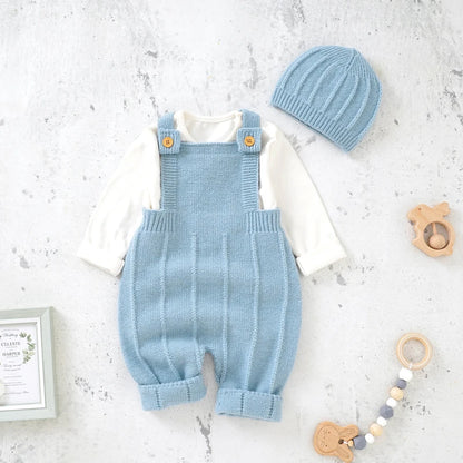 Completo Neonato in Maglia con Cappellino – Tutina Salopette Lunga con Bretelle e Bottoni