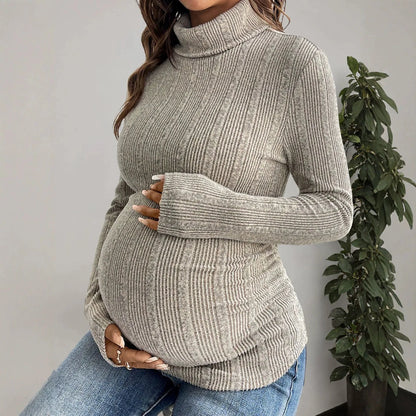 Maglia Premaman a Collo Alto – Dolcevita a Coste e Maniche Lunghe per la Gravidanza