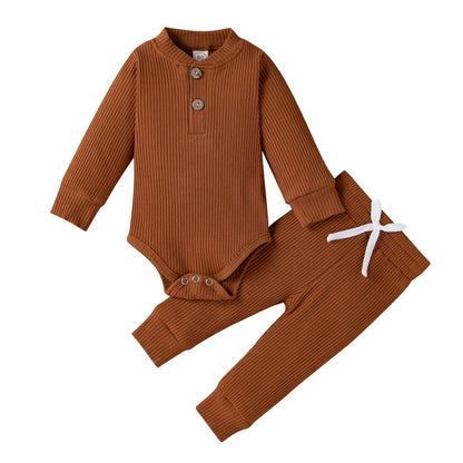 Set Neonato 2 Pezzi in Cotone a Costine con Maglia a Maniche Lunghe e Pantaloni Elastici Primavera/Autunno