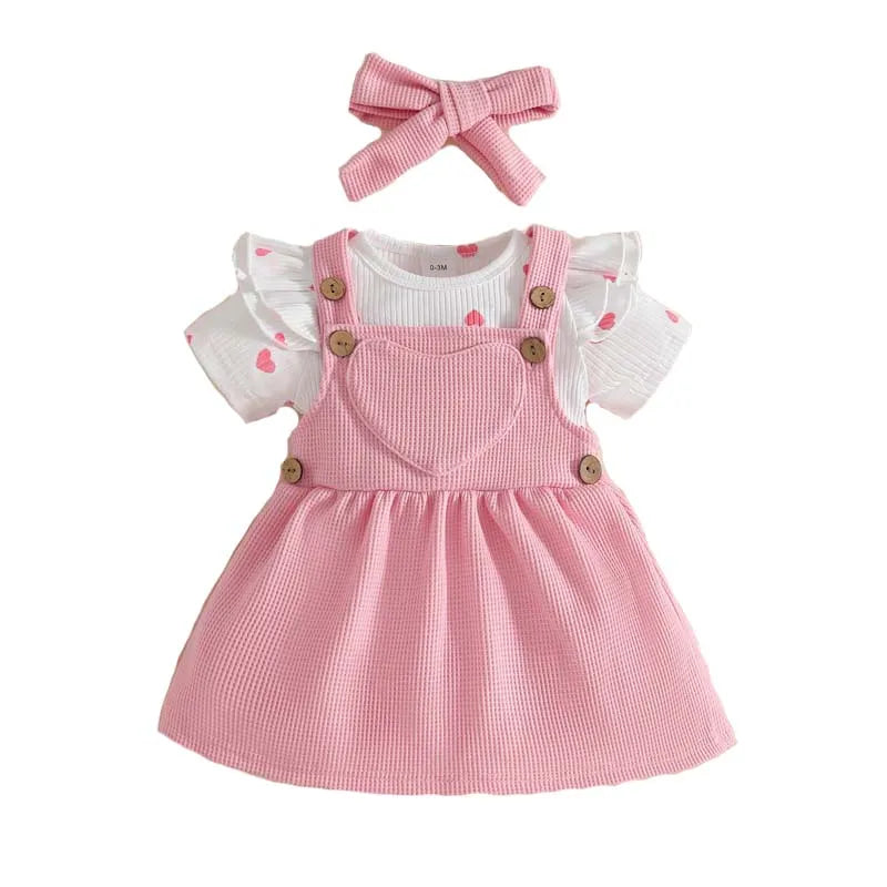 Completo Neonata 3 Pezzi – Vestito con Body a Cuori, Gonna Salopette e Fascia