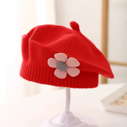 Berretto Basco Bimba in Maglia con Fiore – Autunno Inverno