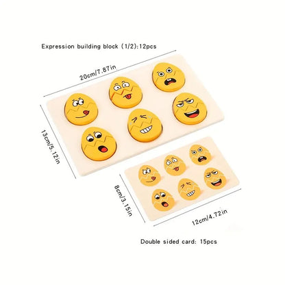 Puzzle delle Emozioni in Legno per Bambini – Gioco di Abbinamento delle Espressioni con Carte Modello
