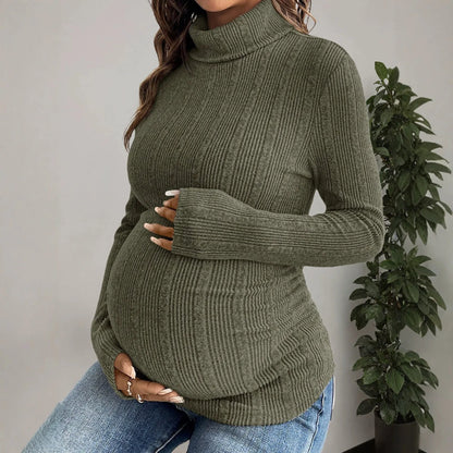 Maglia Premaman a Collo Alto – Dolcevita a Coste e Maniche Lunghe per la Gravidanza