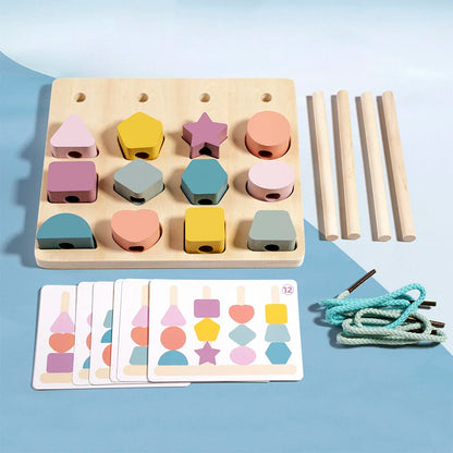 Gioco in Legno Forme e Colori Ispirato al Metodo Montessori con Carte Attività e Perline da Infilare – 3+ Anni