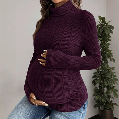 Maglia Premaman a Collo Alto – Dolcevita a Coste e Maniche Lunghe per la Gravidanza