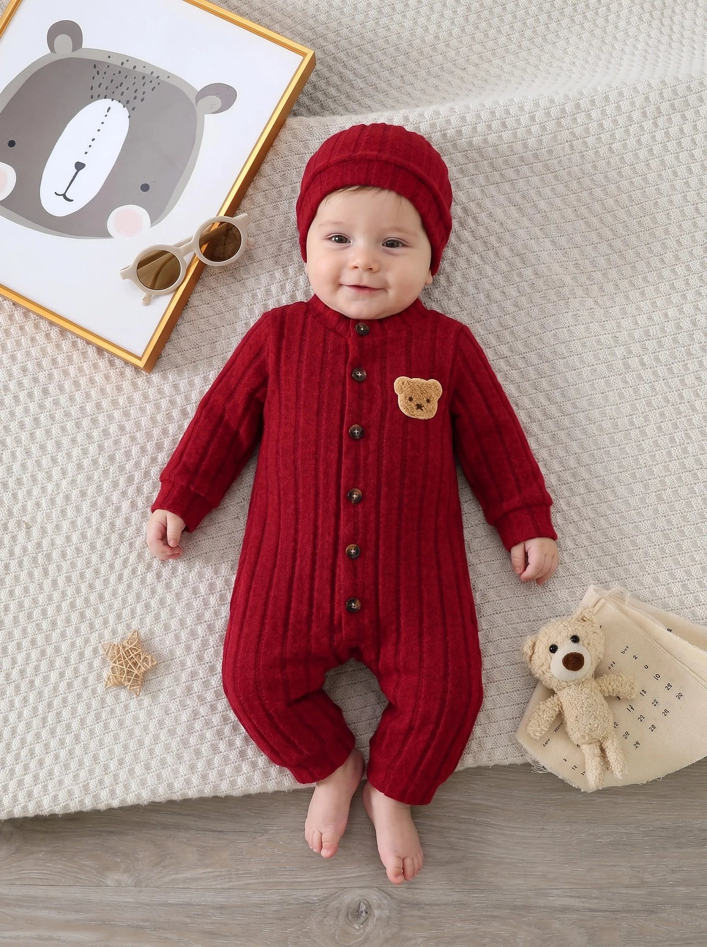 Tutina in Maglia per Neonati Autunno/Inverno con Cappellino Coordinato e Bottoni Frontali