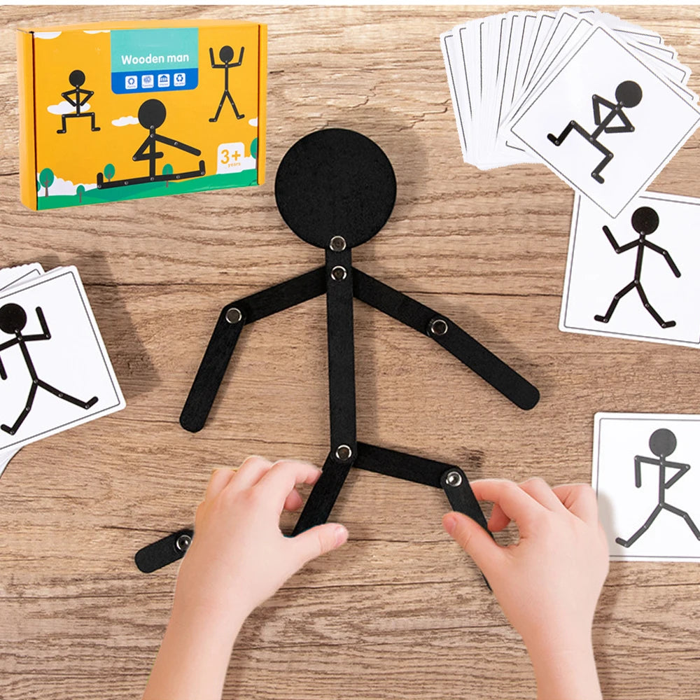 Figura Snodabile con 48 Pose e Carte da Imitare - Gioco Educativo Ispirato al Metodo Montessori