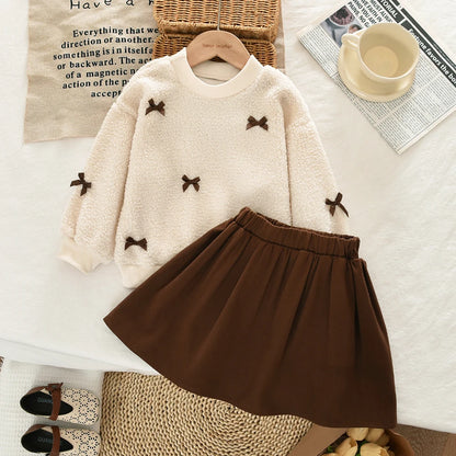 Completo Elegante Bambina Autunno/Inverno con Maglia Teddy e Gonna Plissettata (2 Pezzi) | 3-6 Anni