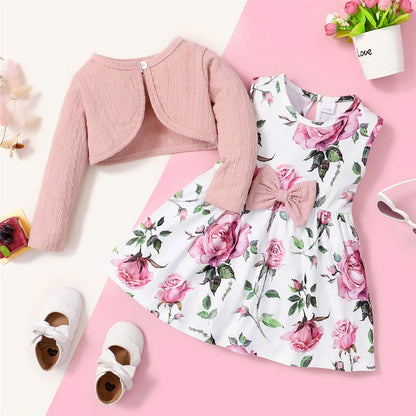 Vestito Bambina Floreale con Coprispalle Rosa – Completo 2 Pezzi 6 Mesi-3 Anni