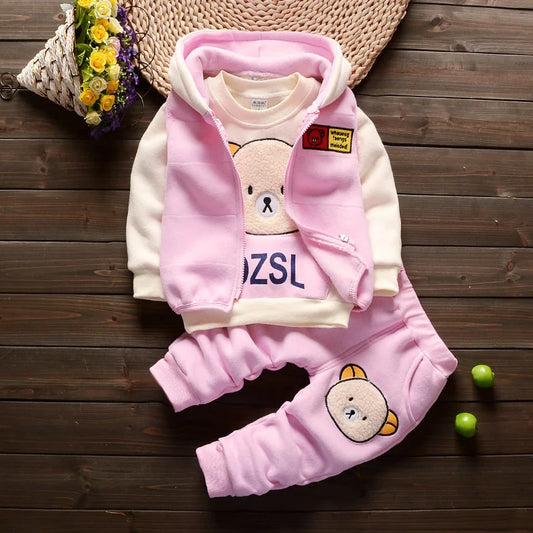 Completo Invernale Bambino e Bambina 3 Pezzi – Tuta con Felpa, Pantaloni e Gilet con Cappuccio e Orsetti