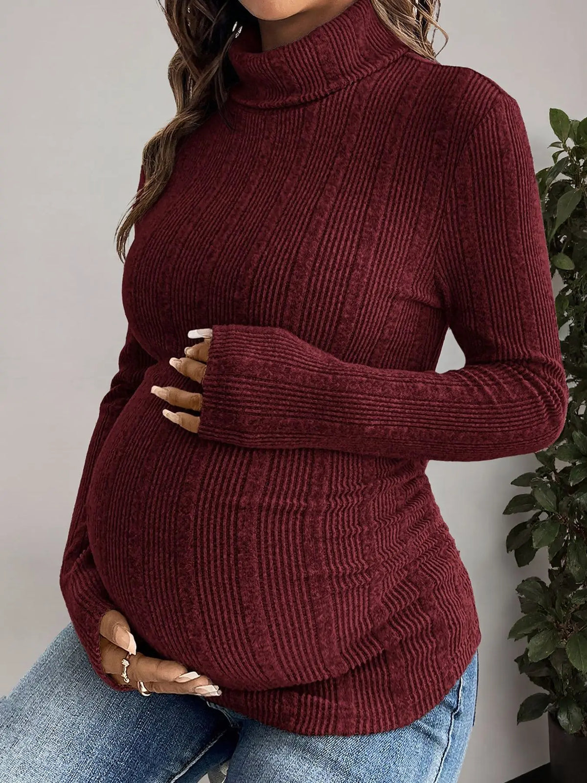 Maglia Premaman a Collo Alto – Dolcevita a Coste e Maniche Lunghe per la Gravidanza