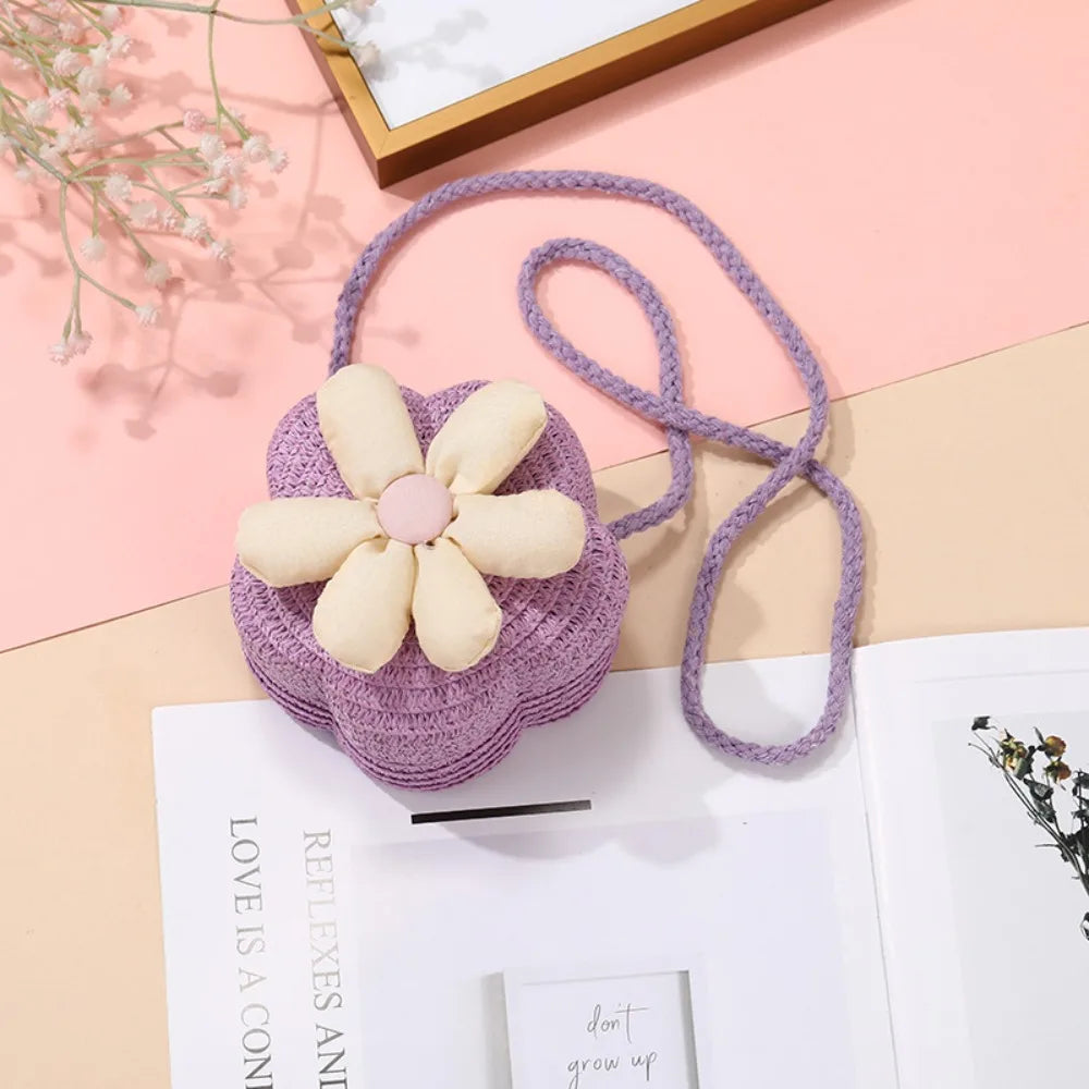 Borsetta Bambina a Tracolla in Paglia Intrecciata con Fiore – Mini Borsa con Chiusura Zip