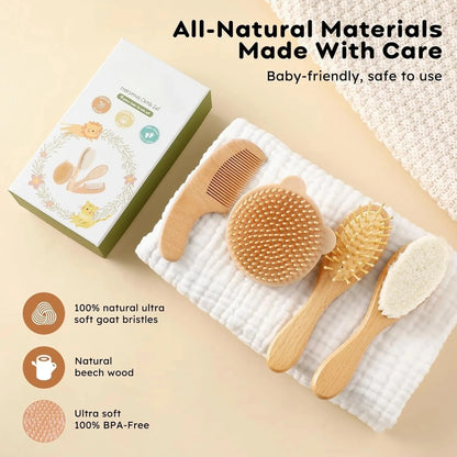 Set Spazzola e Pettine per Neonati in Legno Naturale con Setole Morbide – Kit Cura Capelli 4 Pezzi