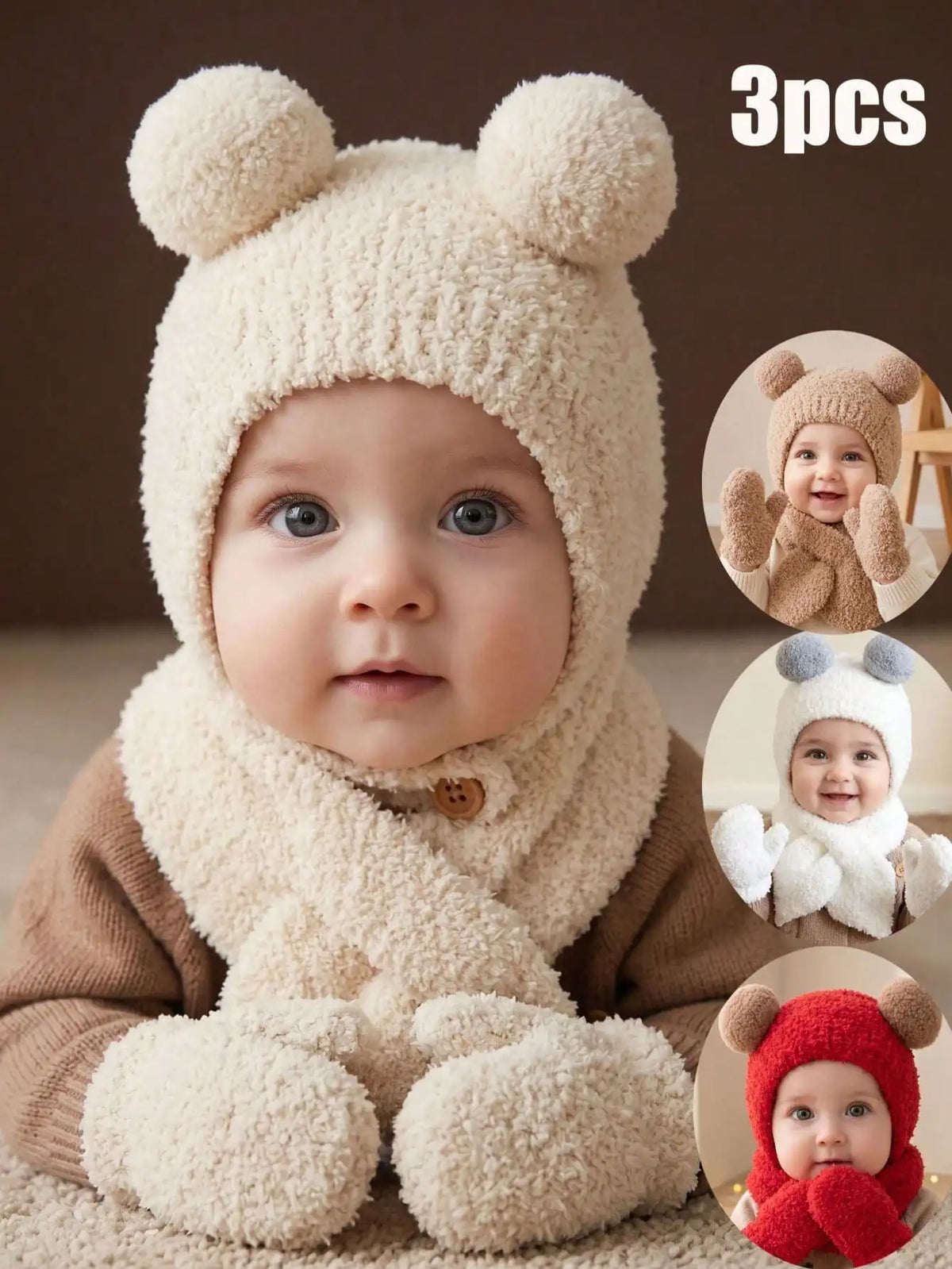 Set Invernale Neonato Effetto Teddy – Cappello Copriorecchie, Sciarpa e Guanti a Muffola