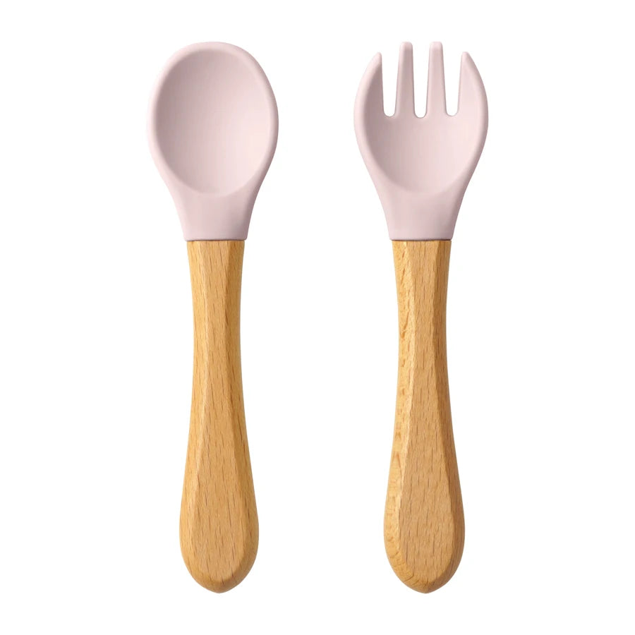 Set Posate da Apprendimento per Bambini – Cucchiaio e Forchetta in Silicone con Manico in Legno