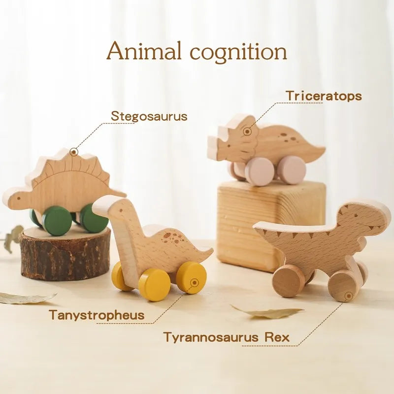 Dinosauri Giocattolo in Legno con Ruote – Gioco Educativo e Creativo per Bambini