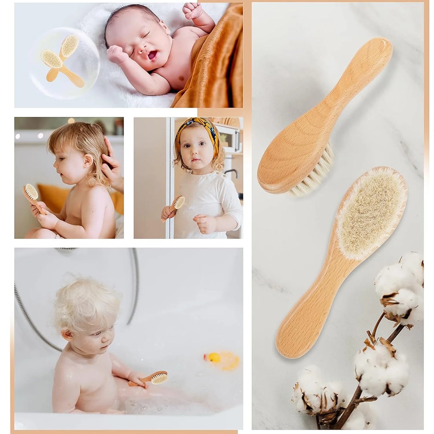 Set Spazzola e Pettine per Neonati in Legno Naturale con Setole Morbide – Kit Cura Capelli 4 Pezzi