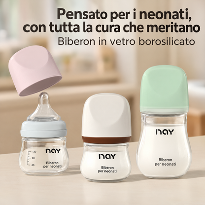 Biberon Anticolica in Vetro Borosilicato con Tettarella in Silicone Liquido – 80/160 ml