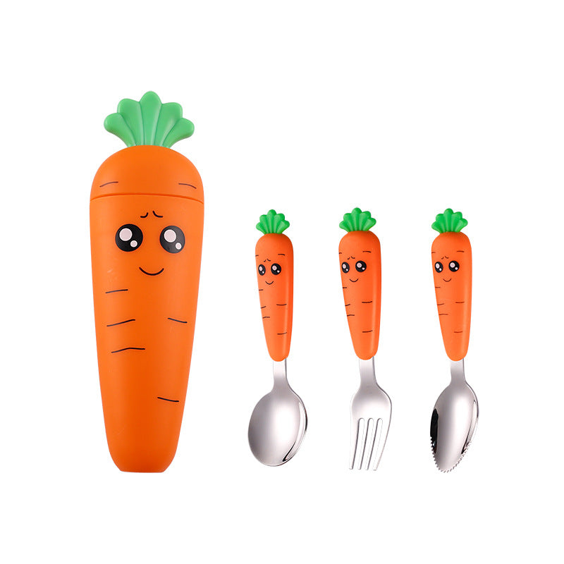Set Posate Bambino in Acciaio Inox 304 – Cucchiaio e Forchetta Carota Ergonomica Antiscivolo + Box Porta Posate – Svezzamento 12+ mesi