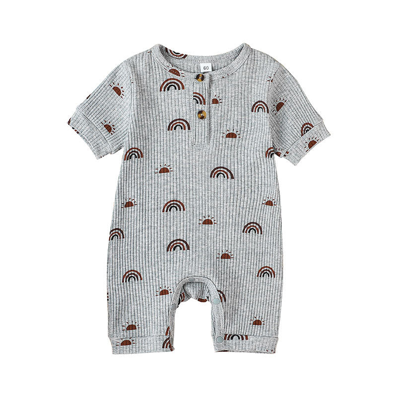 Tutina Neonato Estiva in Cotone a Costine – Manica Corta con Bottoni Frontali e Fantasia Arcobaleni Unisex