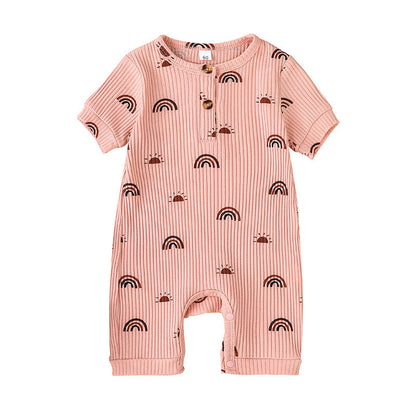Tutina Neonato Estiva in Cotone a Costine – Manica Corta con Bottoni Frontali e Fantasia Arcobaleni Unisex