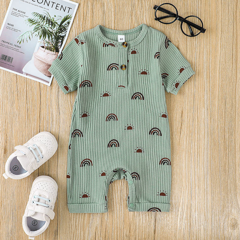 Tutina Neonato Estiva in Cotone a Costine – Manica Corta con Bottoni Frontali e Fantasia Arcobaleni Unisex
