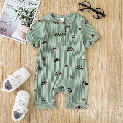 Tutina Neonato Estiva in Cotone a Costine – Manica Corta con Bottoni Frontali e Fantasia Arcobaleni Unisex