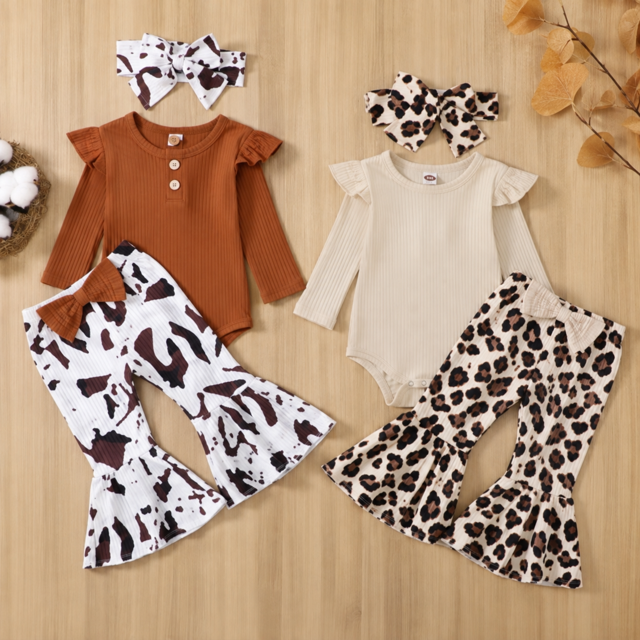 Completo Neonata 0-12 Mesi – Body a Costine Manica Lunga e Pantaloni a Zampa Leopardati
