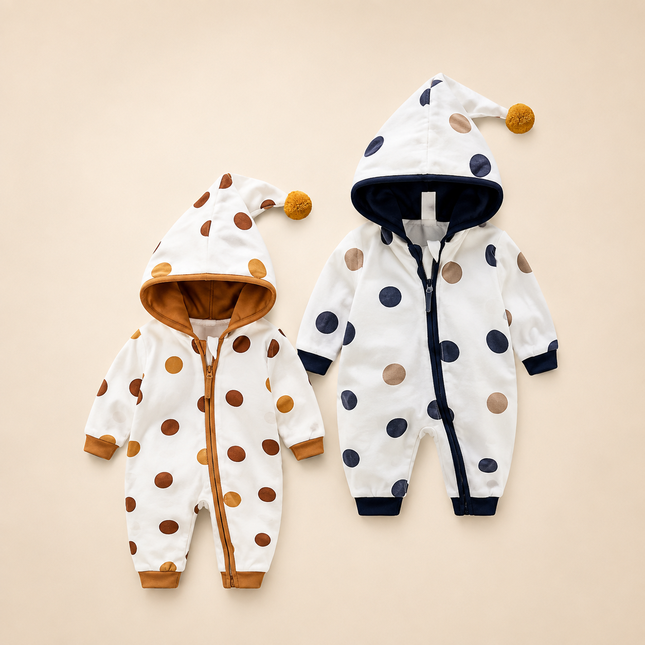 Tutina Intera Neonato in Cotone con Cappuccio e Zip – Manica Lunga, Fantasia a Pois