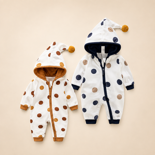 Tutina Intera Neonato in Cotone con Cappuccio e Zip – Manica Lunga, Fantasia a Pois