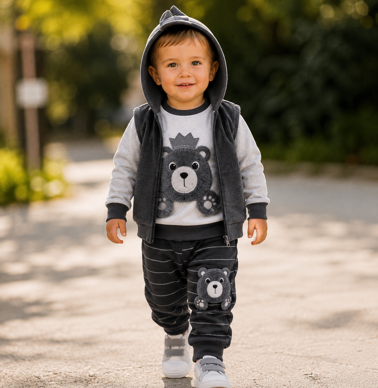 Completo Invernale Bimbo 3 Pezzi – Felpa, Pantaloni e Gilet Imbottito con Cappuccio