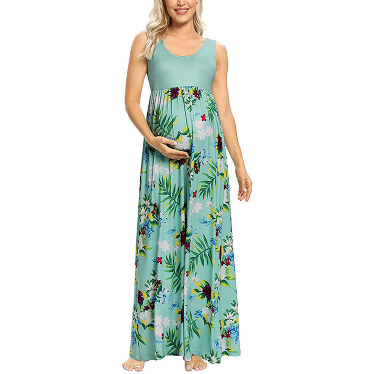 Vestito Premaman Estivo Lungo Floreale – Abito Gravidanza Fresco Senza Maniche con Vita Alta