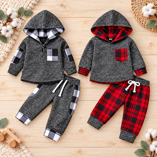 Completo Bambino 2 Pezzi con Felpa con Cappuccio e Pantaloni Lunghi – Tuta Casual a Quadri
