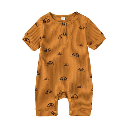 Tutina Neonato Estiva in Cotone a Costine – Manica Corta con Bottoni Frontali e Fantasia Arcobaleni Unisex
