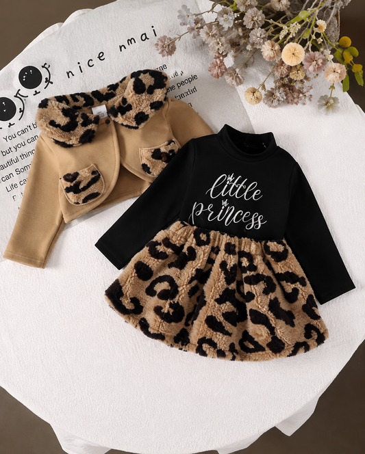 Completo 2 Pezzi Bambina con Vestito a Manica Lunga in Peluche Leopardato e Cappottino